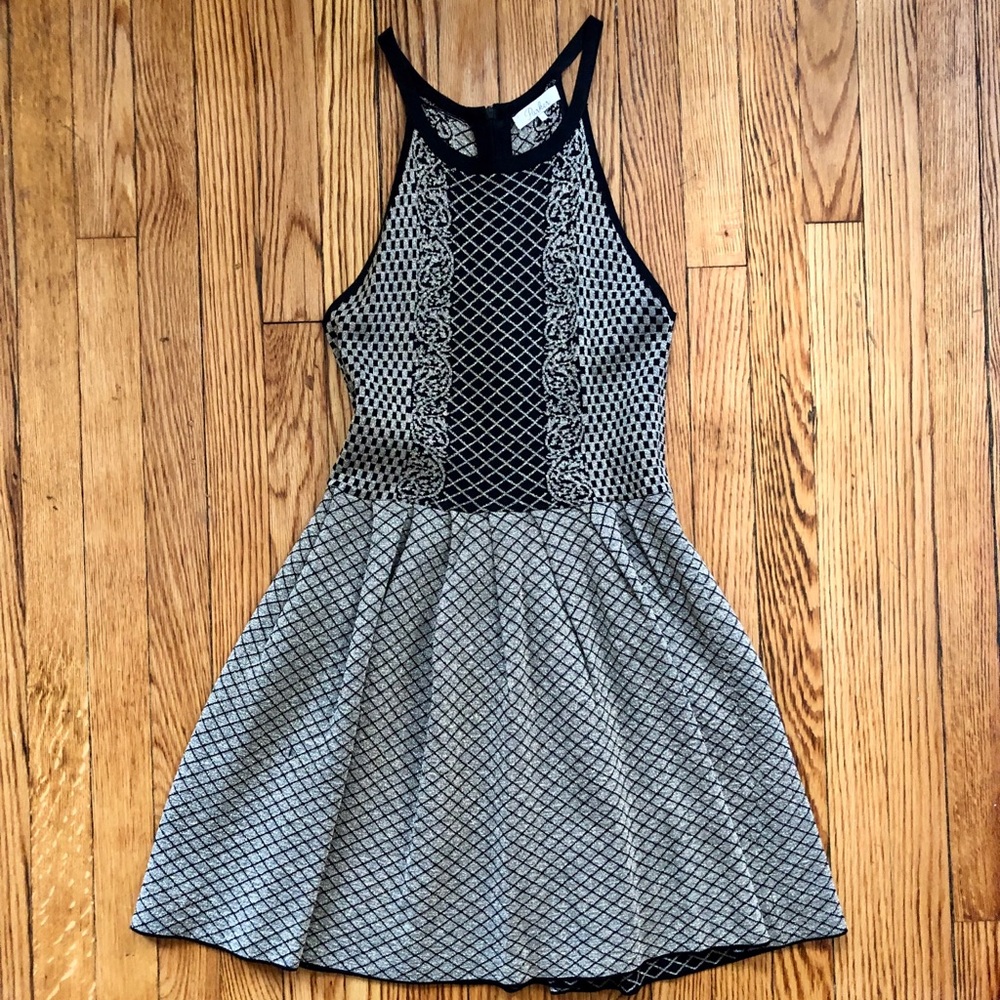 Parker Black and Gold Printed Fit and Flare Dress